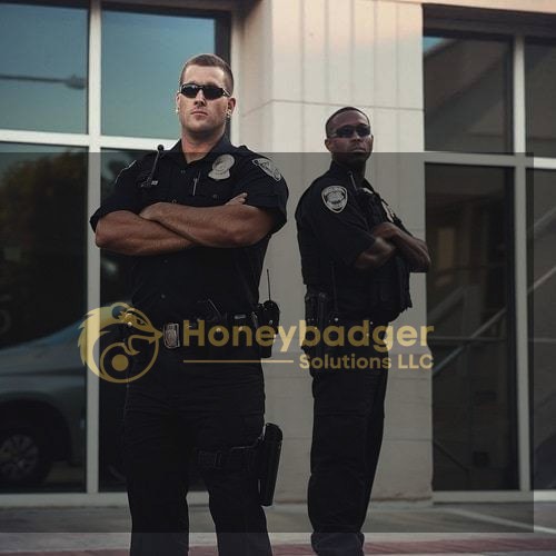 Two police officers in uniform stand with arms crossed, wearing sunglasses and serious expressions outside a building.
