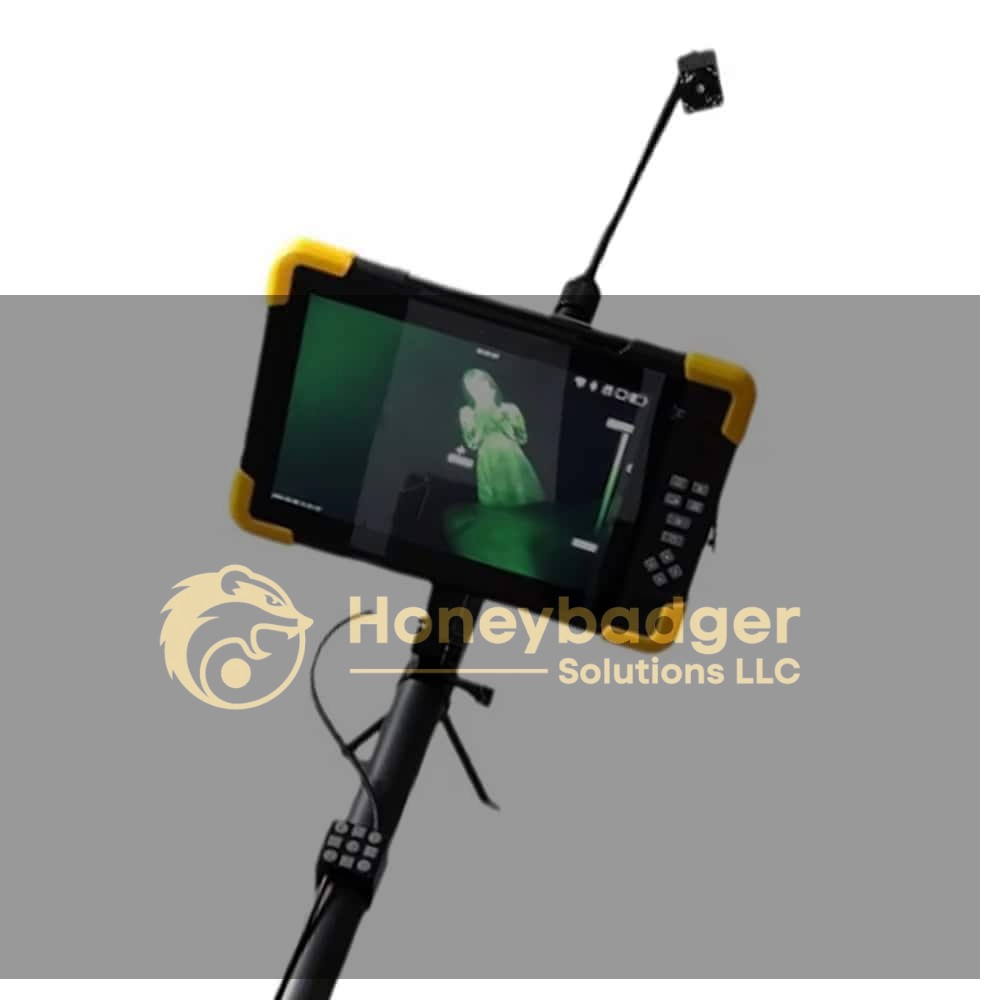 4K Pole Camera with a handheld screen displaying green-tinted thermal images, mounted on an extendable pole.