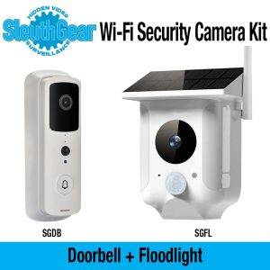 SleuthGear Wi-Fi Security Camera Kit, including a doorbell camera and a solar floodlight camera.