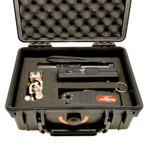 RF Detections and Lens Finder Kit in a black hard case with foam padding, including devices like the SpyFinder Pro.
