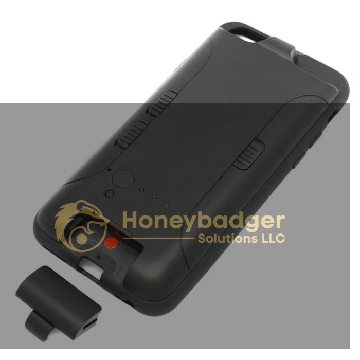 Black smartphone battery case with a removable cover and indicator lights for charging status.
