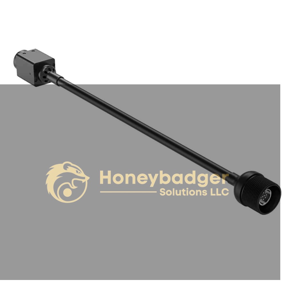 A black thermal imaging camera attachment with a cylindrical lens and a rectangular housing, designed for thermal imaging applications.