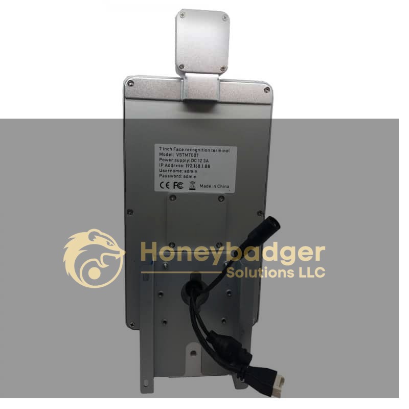 Back view of a 7-inch face recognition terminal with technical specifications and certification labels visible.