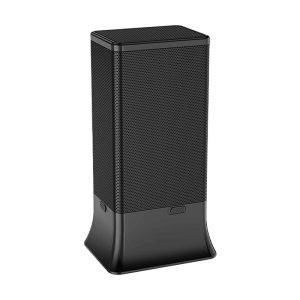 A black wireless speaker with a rectangular shape and a perforated grille, designed for audio playback.