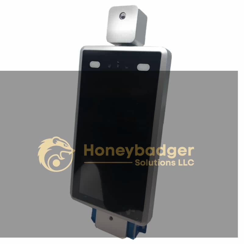 Wall-mounted body temperature scanner camera with a large touchscreen and integrated camera for temperature checks.