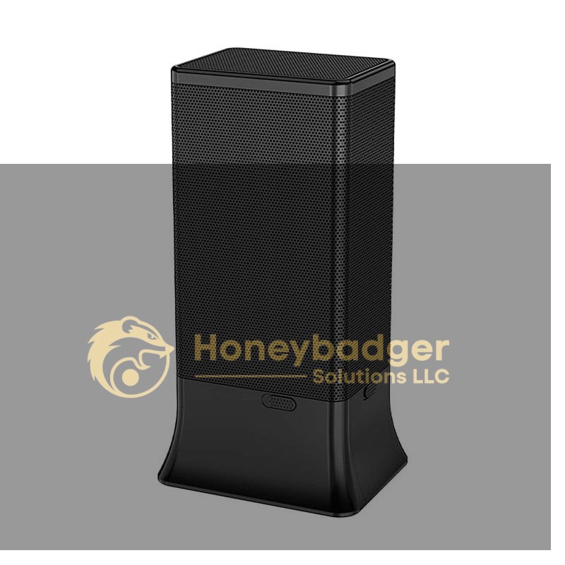 A black rectangular portable speaker with a perforated front grille and a wider flared base, standing upright on a white background.