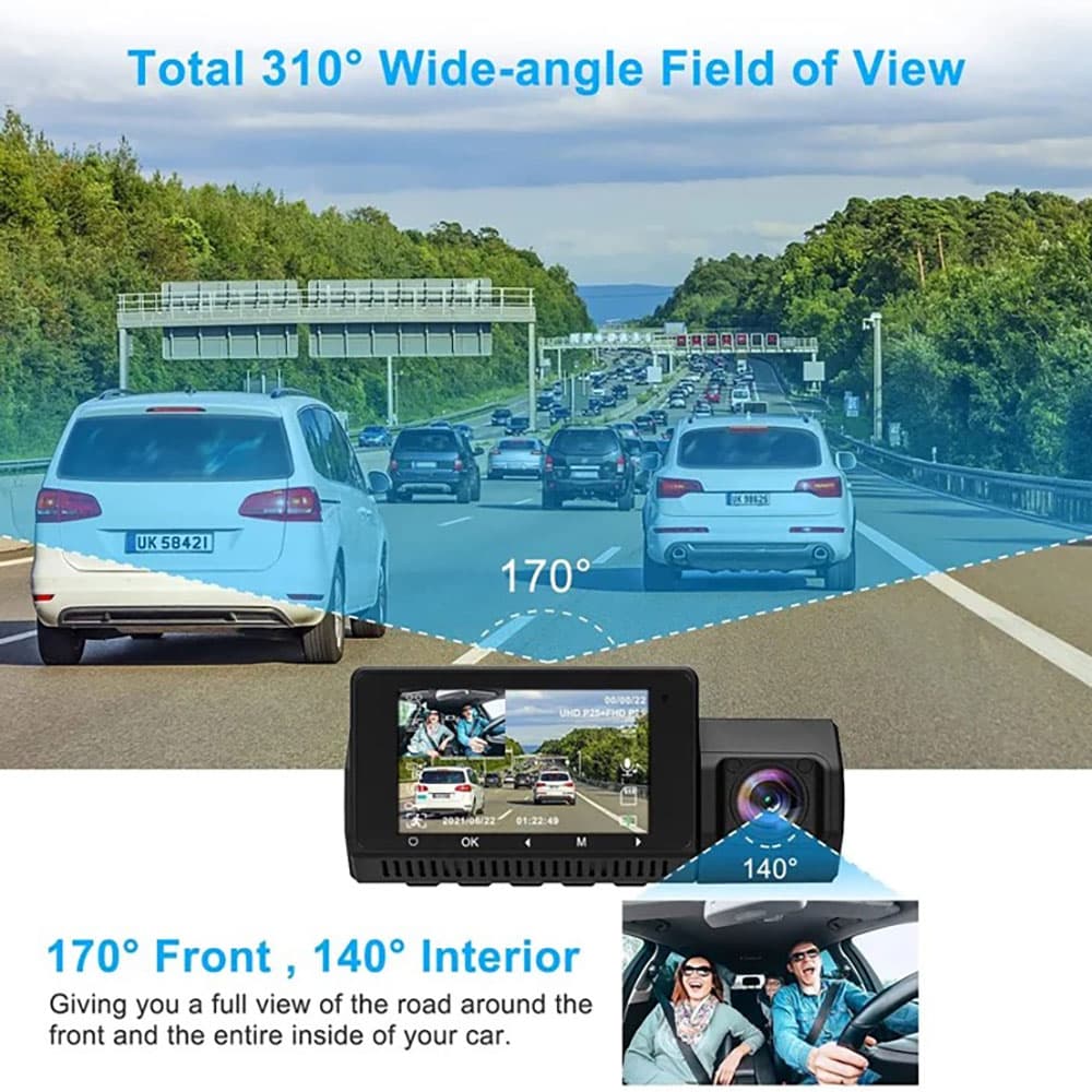 4K Dual Dash Cam displaying a 310° wide-angle view with 170° front and 140° interior perspectives.