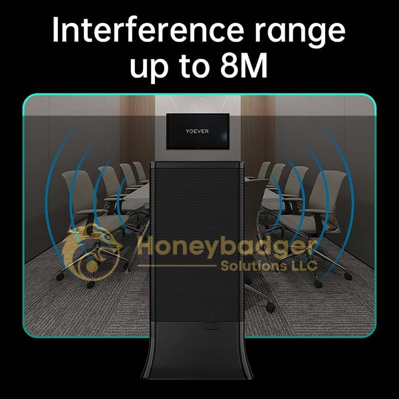Tabletop Room Anti-Recorder displaying an interference range of 8M in a conference room setting.