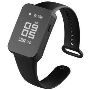 Black digital smartwatch with a rectangular display showing time, date, and battery icons.