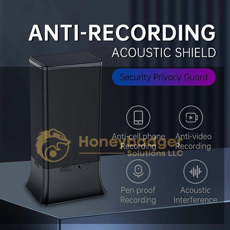 Black rectangular anti-recording acoustic shield device designed to block cell phone, video, and pen recording.