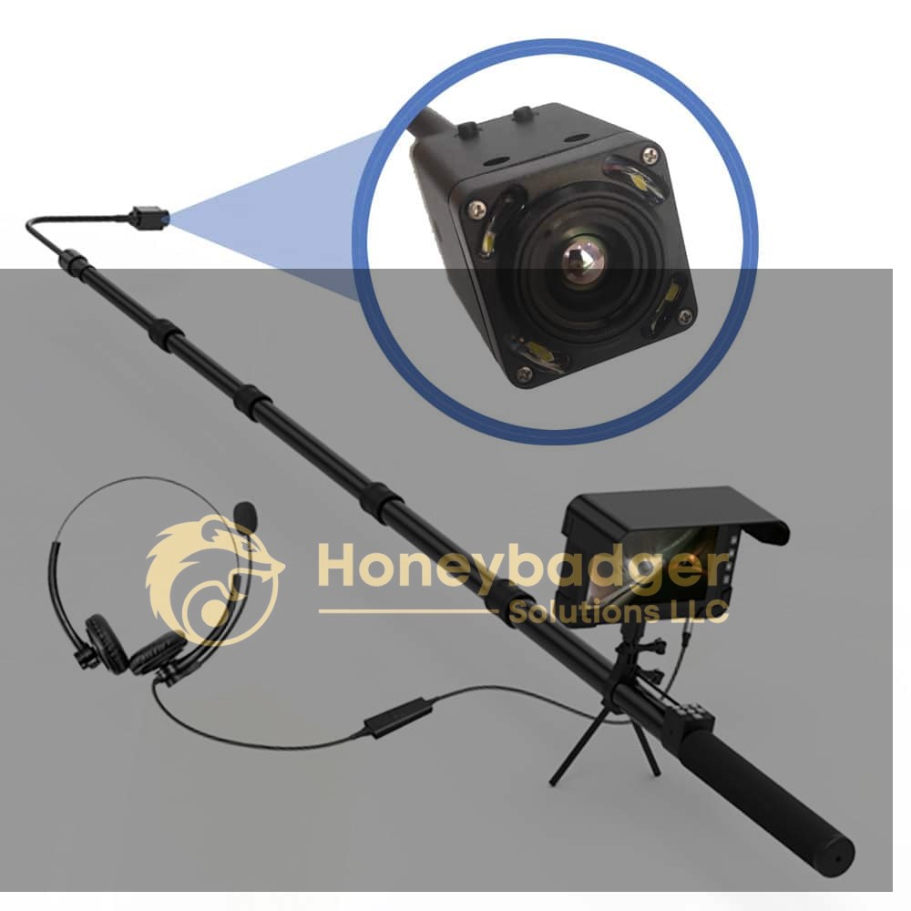 4K pole camera with a telescopic pole, mounted camera, headset with microphone, and monitor screen connected by cables.