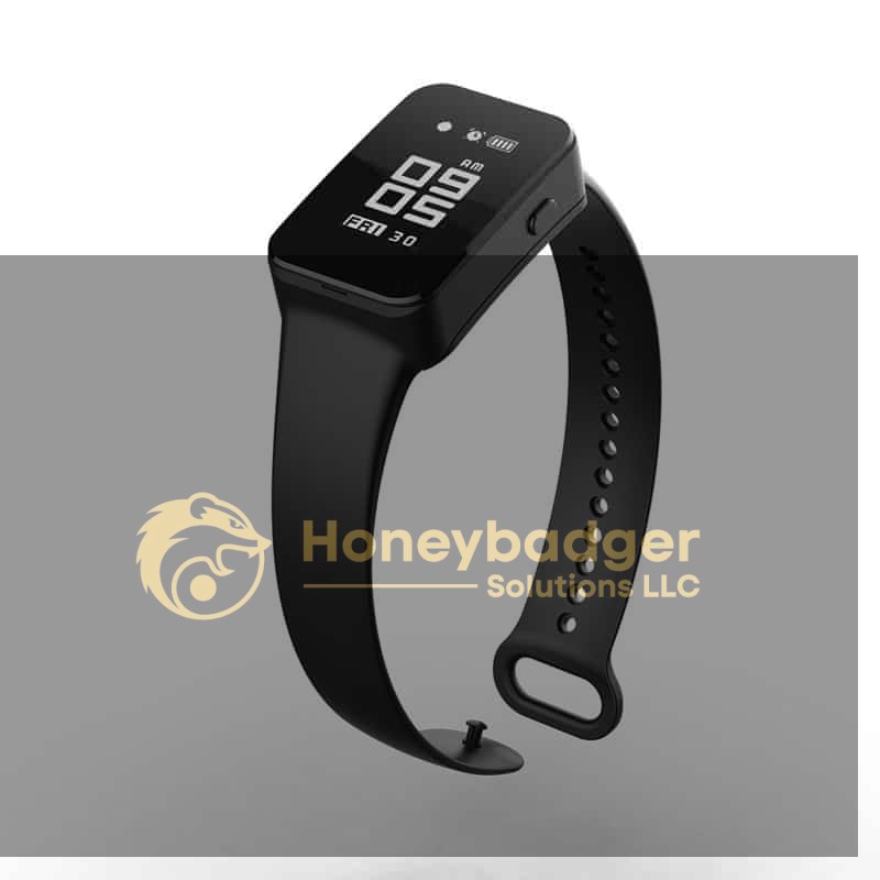 The 8GB Wristwatch PCM Voice Recorder features a black adjustable band and a rectangular digital screen displaying the date and QR code.