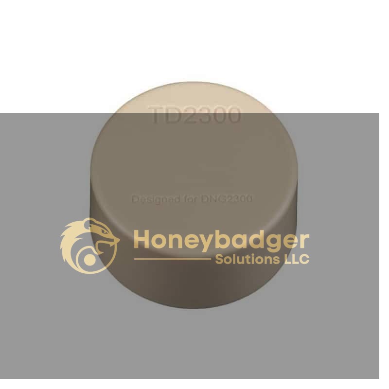 Beige plastic cap marked 'TD2300' and 'Designed for DNC2300', used in various applications, measuring 2300-inch and 12-inch.