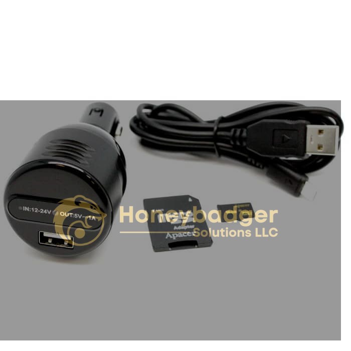 Black car charger with USB port, USB to micro USB cable, microSD card, and adapter arranged on a white surface.