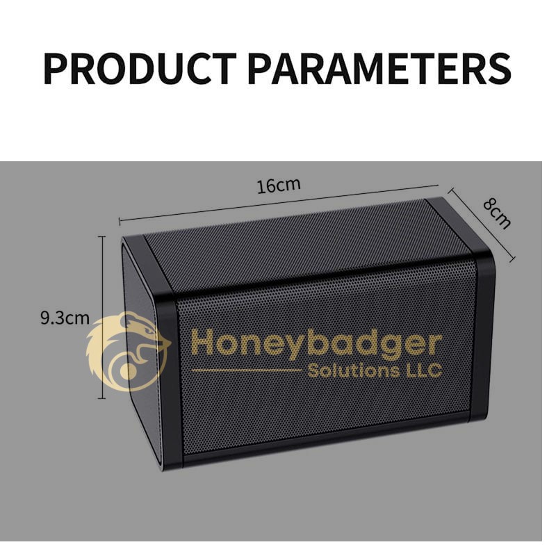 Black rectangular speaker measuring 16 cm wide, 8 cm deep, and 9.3 cm tall with product parameters displayed above.