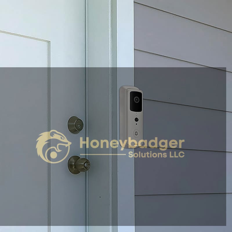 SG Doorbell Cam in white mounted beside a light blue door with a silver handle and lock.