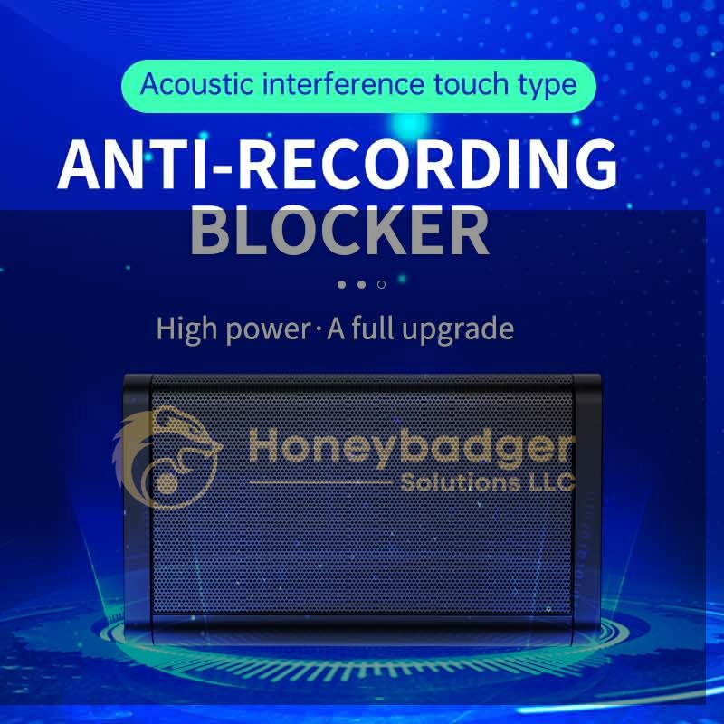 Anti-recording blocker device with acoustic interference touch type displayed against a blue digital background.