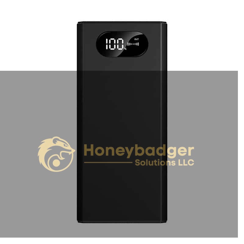 Black power bank with a digital display showing '100' and battery indicators, measuring 100-inch.