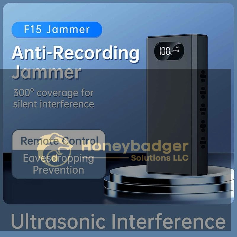 F15 Anti-Recording Jammer with 300° silent interference and remote control capabilities displayed on a platform.