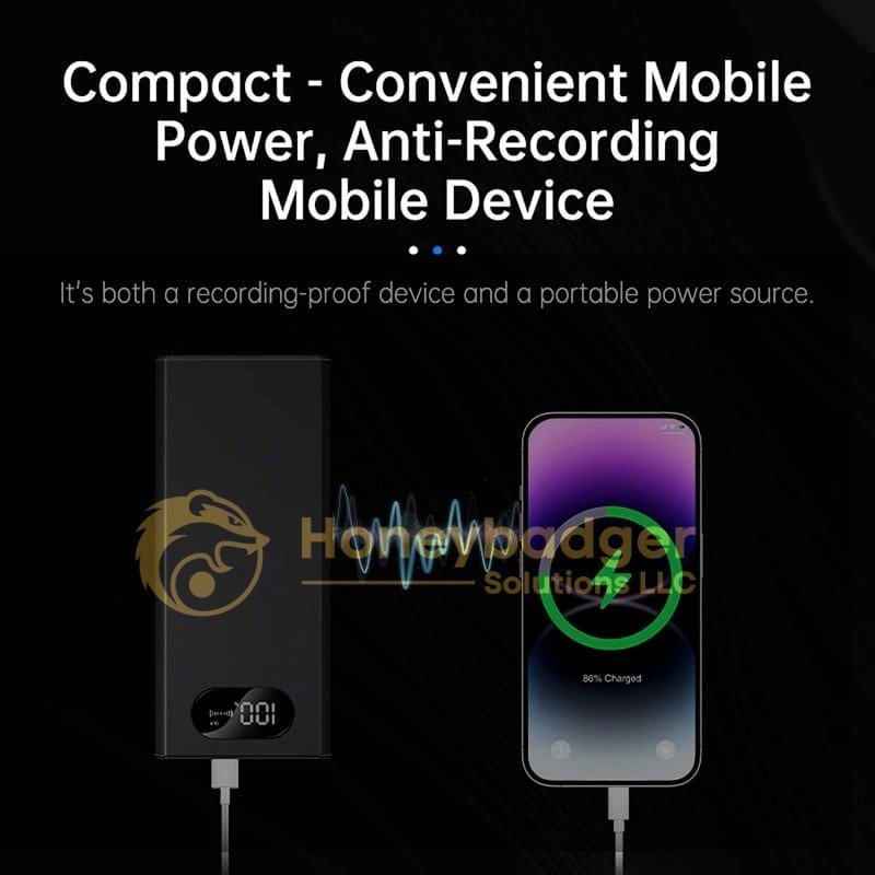 A black Power Bank Style Anti-Recorder connected to a smartphone showing 80% charge with blue soundwaves between them.