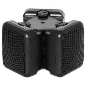 Omnidirectional speaker in black with two units on each side of a triangular base for sound distribution.