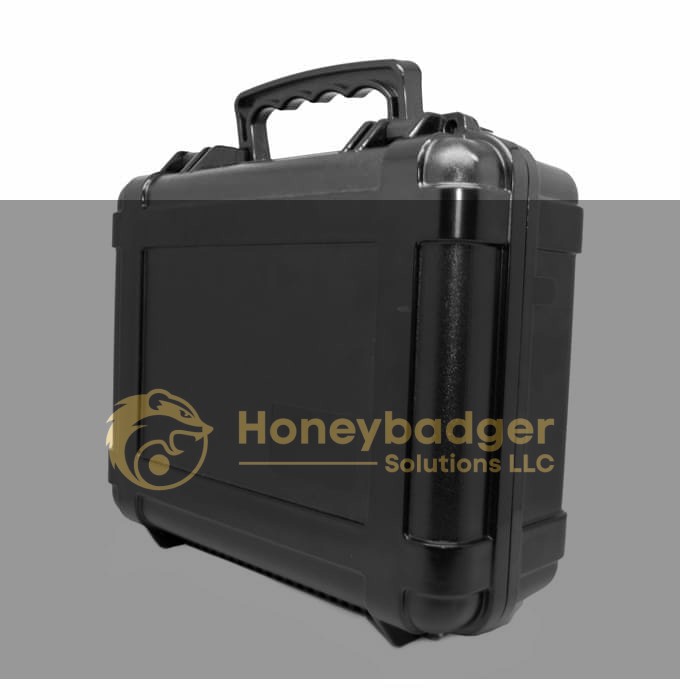 Sturdy black hard-shell carrying case with reinforced corners and a top handle for secure transport.