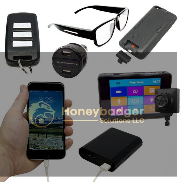 Components of the LawMate Surveillance Kit including a key fob, glasses, phone case, car charger, smartphone, and portable power bank.