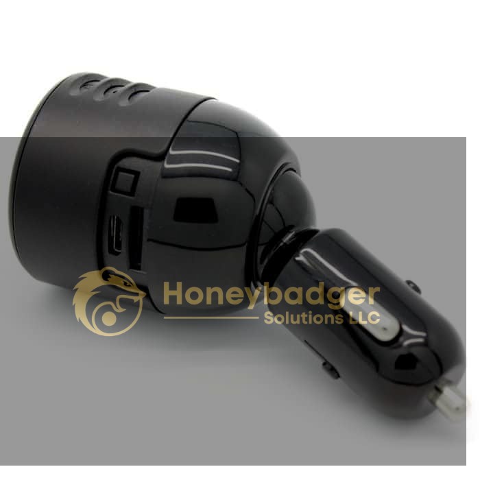 Black cylindrical car charger with USB ports from the LawMate Surveillance Kit, positioned on its side against a white background.