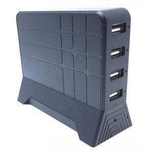 Black USB charging station with a geometric surface pattern and four USB ports for connectivity.