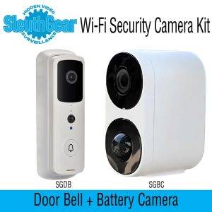 SleuthGear Wi-Fi Security Camera Kit includes a rectangular doorbell camera and a rounded battery camera in white.