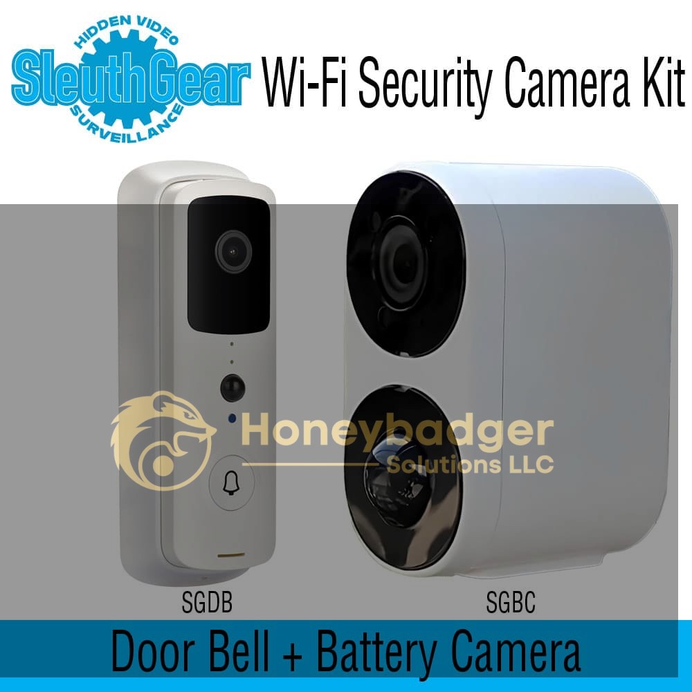 SleuthGear Wi-Fi Security Camera Kit includes a rectangular doorbell camera and a rounded battery camera in white.