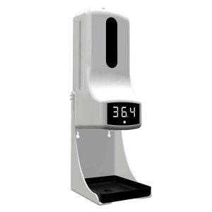 Touchless thermometer with a digital display showing 36.4°C and a black drip tray for hand sanitizer.