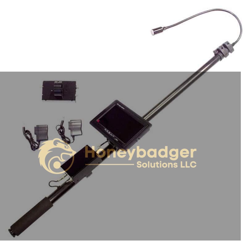 Pole Inspection Camera with a long adjustable arm, built-in display, flashlight, and accessories.