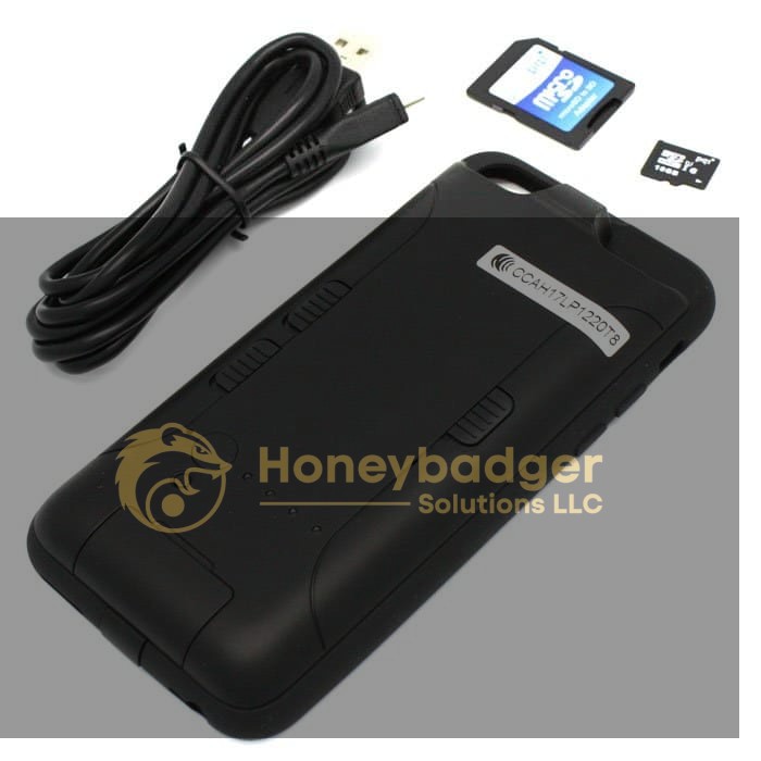 LawMate iPhone 6/7 battery case hidden camera with USB cable and SD cards on a white background.