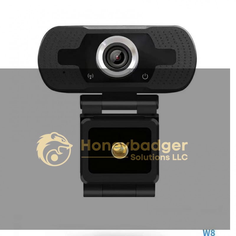 1080P webcam with a black design, HD resolution, built-in microphone, and adjustable stand.