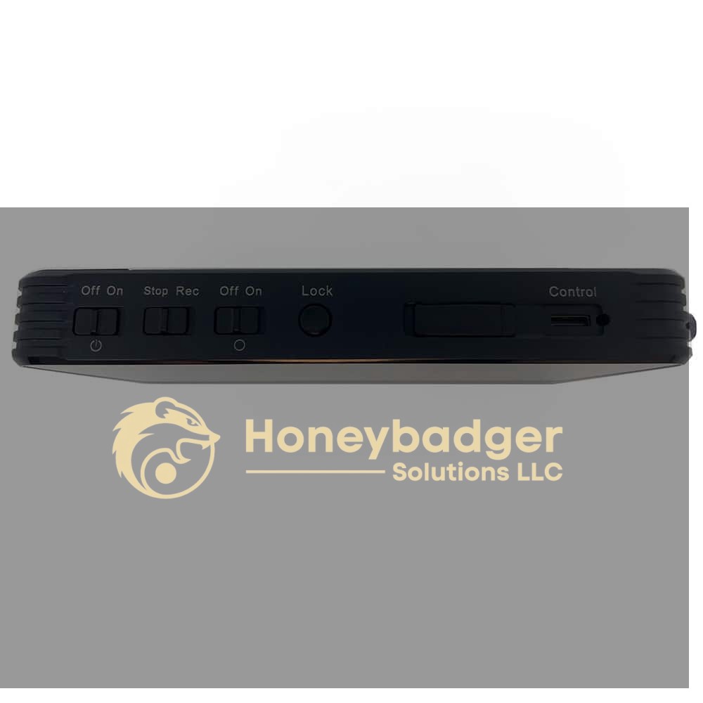 DVR displaying labeled switches for Off/On, Stop, Rec, Lock slider, and Control port for security applications.