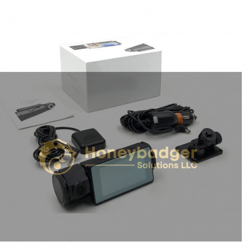Dual camera dashcam kit includes a screen, two cameras, car charger, mounting hardware, cable, and manual.