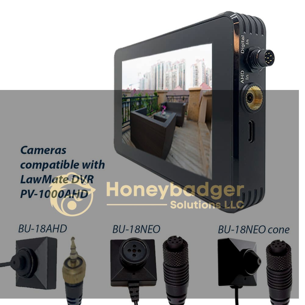 LawMate DVR PV-1000AHD with connections for BU-18AHD, BU-18NEO, and BU-18NEO cone cameras.