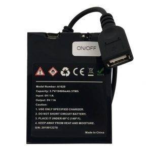 Rectangular black rechargeable battery labeled with specifications and warning icons, equipped with a USB cable.