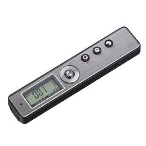 Mini Voice Recorder with metallic finish, small display showing '001' and control buttons REC, PLAY, and STOP.