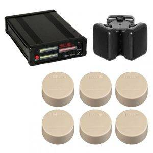 iProtect 3 Channel White Noise Generator Kit with a black control unit, dual speakers, and six beige wireless sensors.