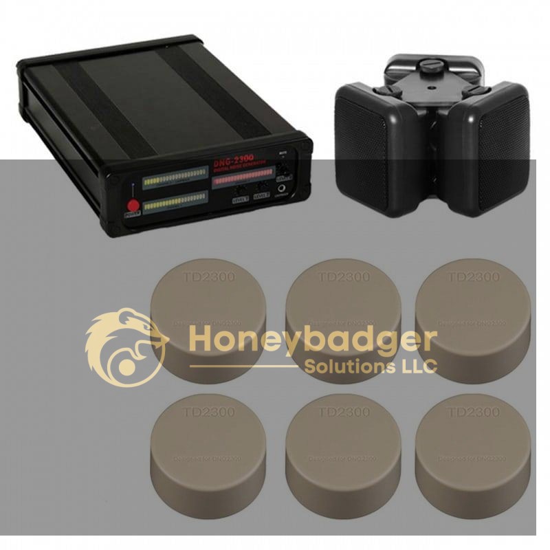 iProtect 3 Channel White Noise Generator Kit with a black control unit, dual speakers, and six beige wireless sensors.