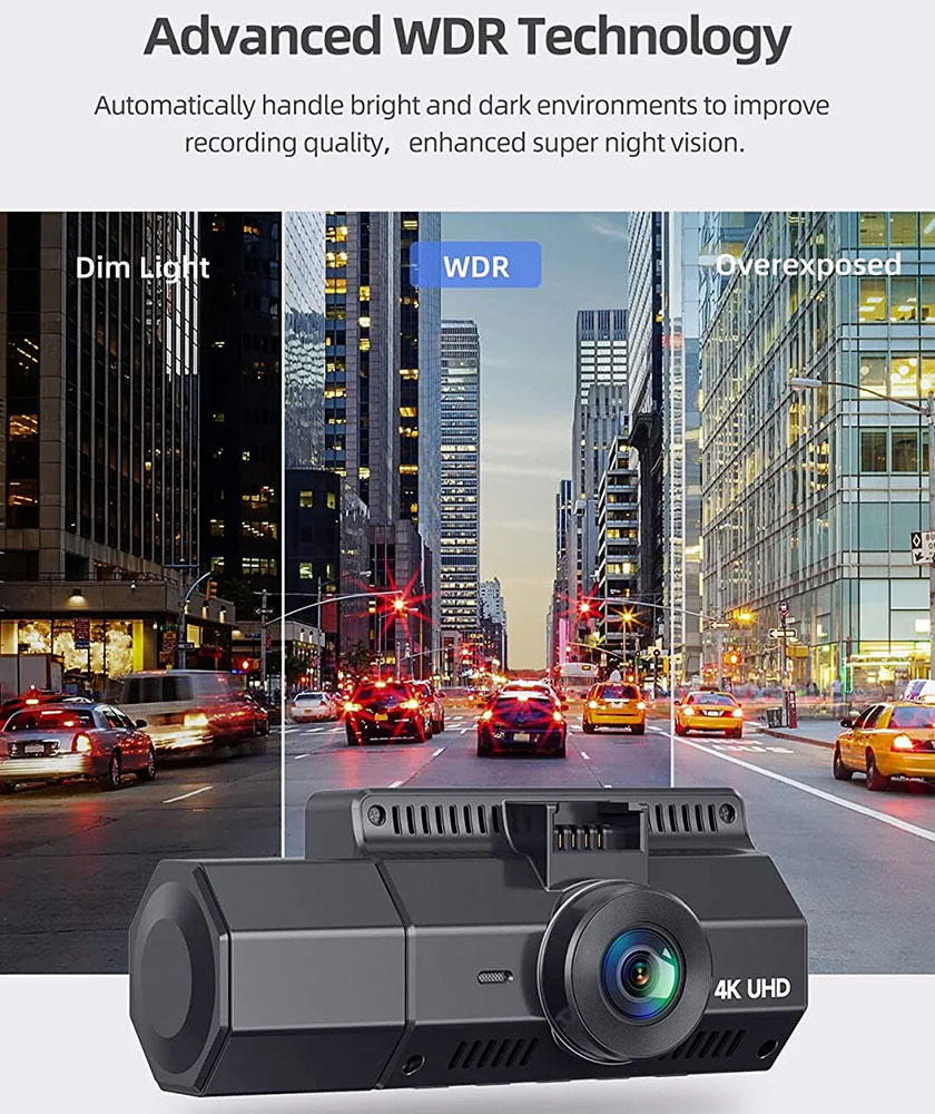 4K Dual Dash Cam demonstrating advanced WDR technology for improved recording quality in various lighting conditions.