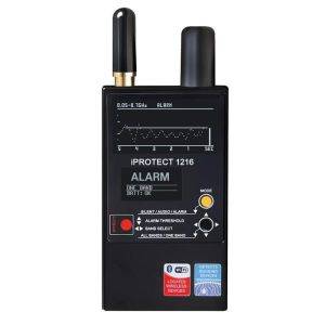 The iProtect 1216 RF Detector is a black handheld device with two antennas, buttons, and a small screen displaying a graph for signal detection.