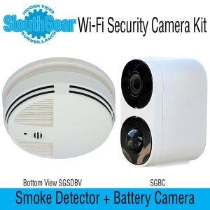 Wi-Fi Security Camera Kit by SleuthGear, including a smoke detector camera and a white battery camera.
