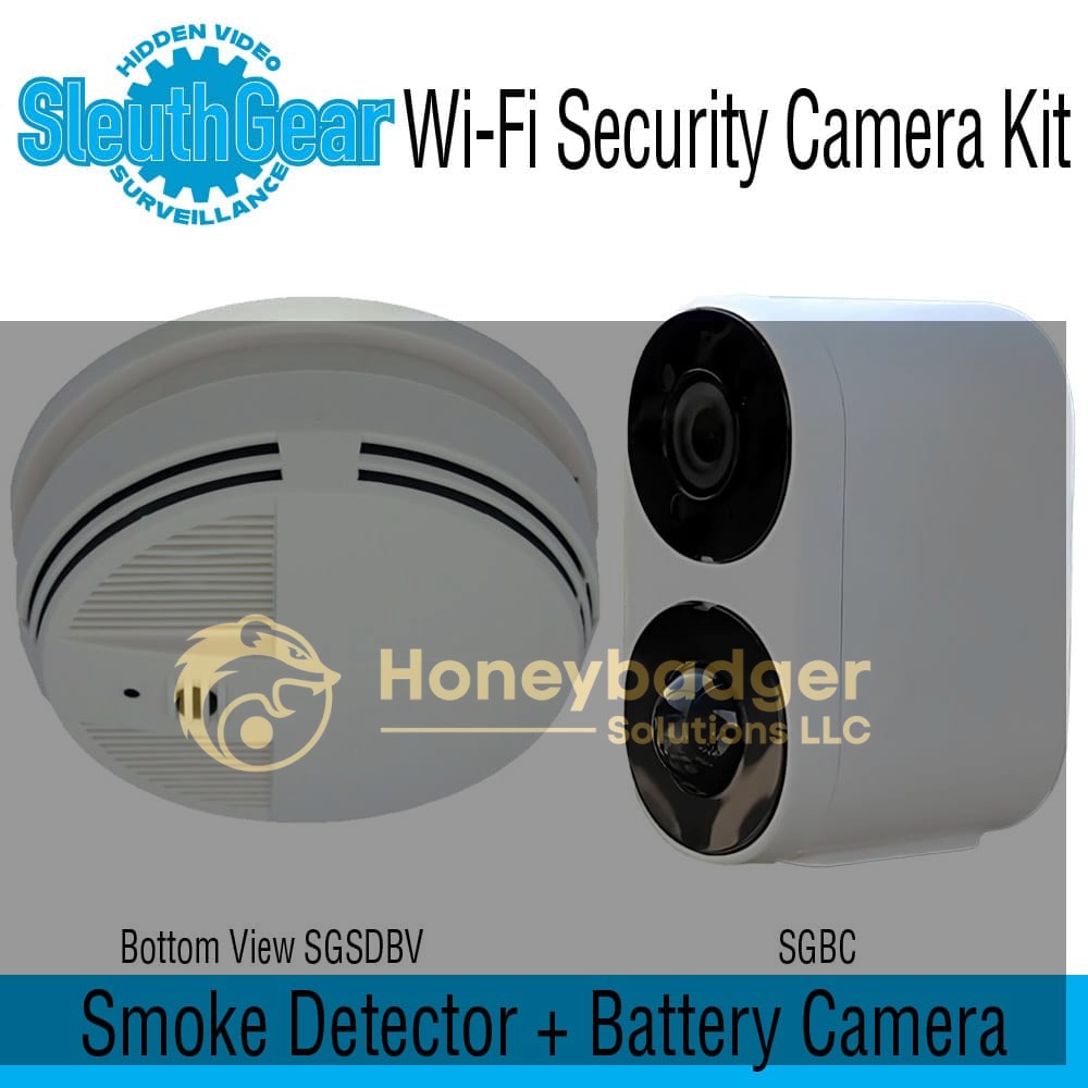 Wi-Fi Security Camera Kit by SleuthGear, including a smoke detector camera and a white battery camera.