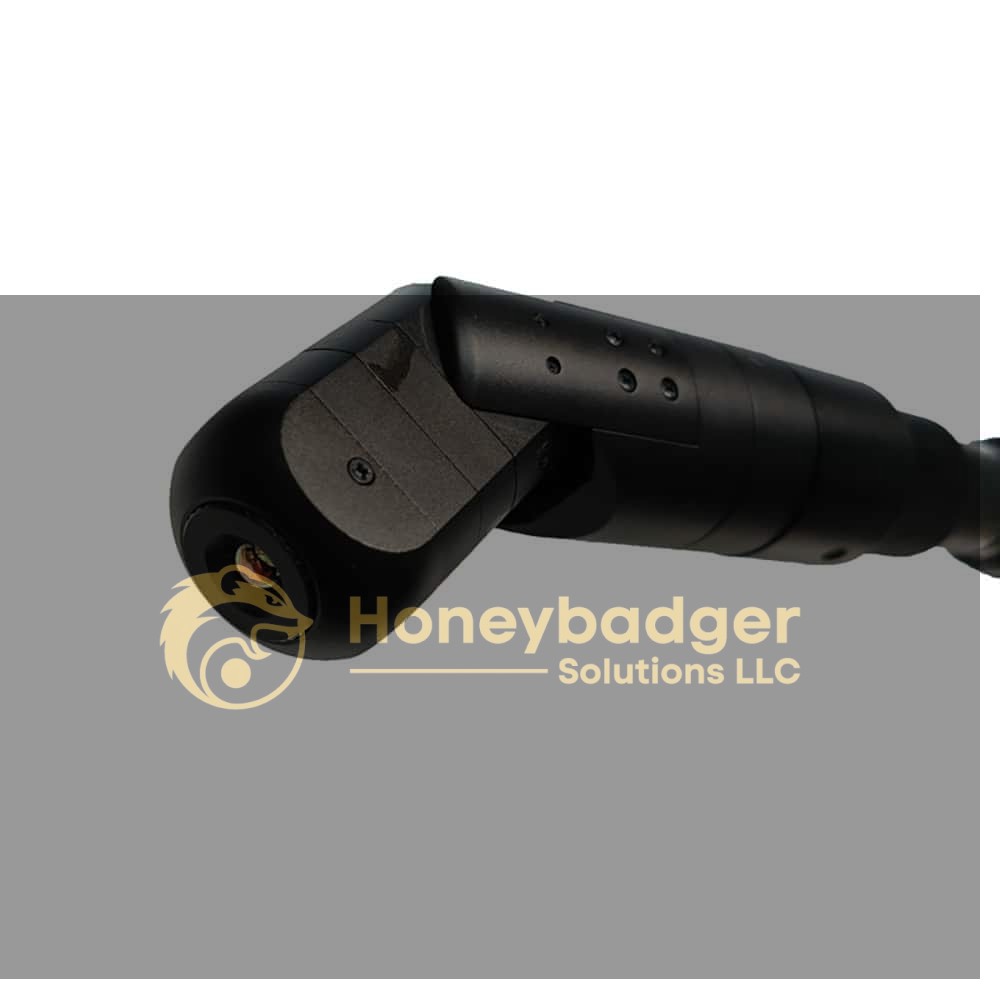 Close-up view of a 4K Thermal Pole Camera featuring a black articulating design and rounded lens.