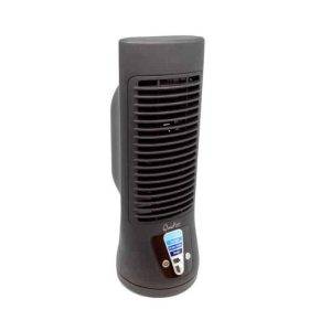 Quilted oscillating fan with a vertical grill, control buttons, and a blue label on the front panel.