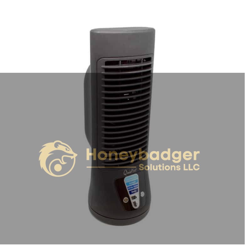 Quilted oscillating fan with a vertical grill, control buttons, and a blue label on the front panel.