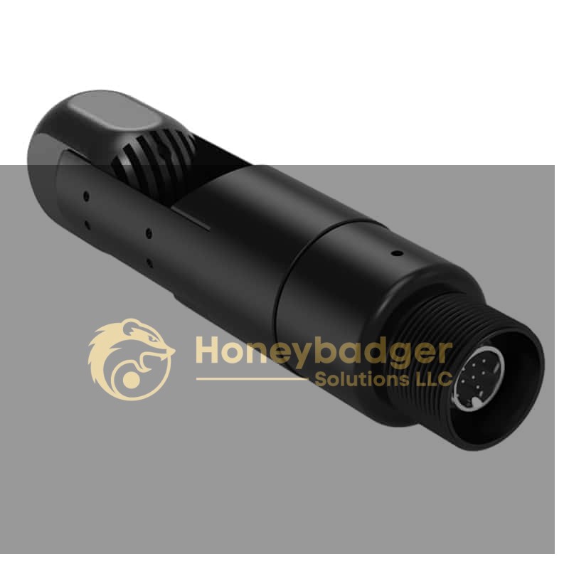 A black cylindrical connector with a threaded end and multiple metal pins for secure cable connections.
